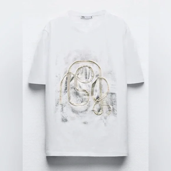 Zara White T-Shirt + Gold Foil Design | Short Sleeve | L | NWT | 🌟Rare🌟 - Picture 4 of 14